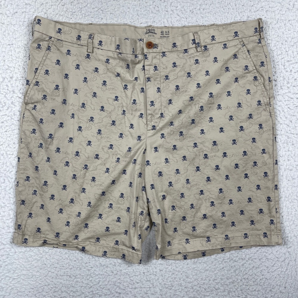 IZOD Shorts Mens 42 Beige Saltwater Skull Crossbones Nautical Pirate Coastal